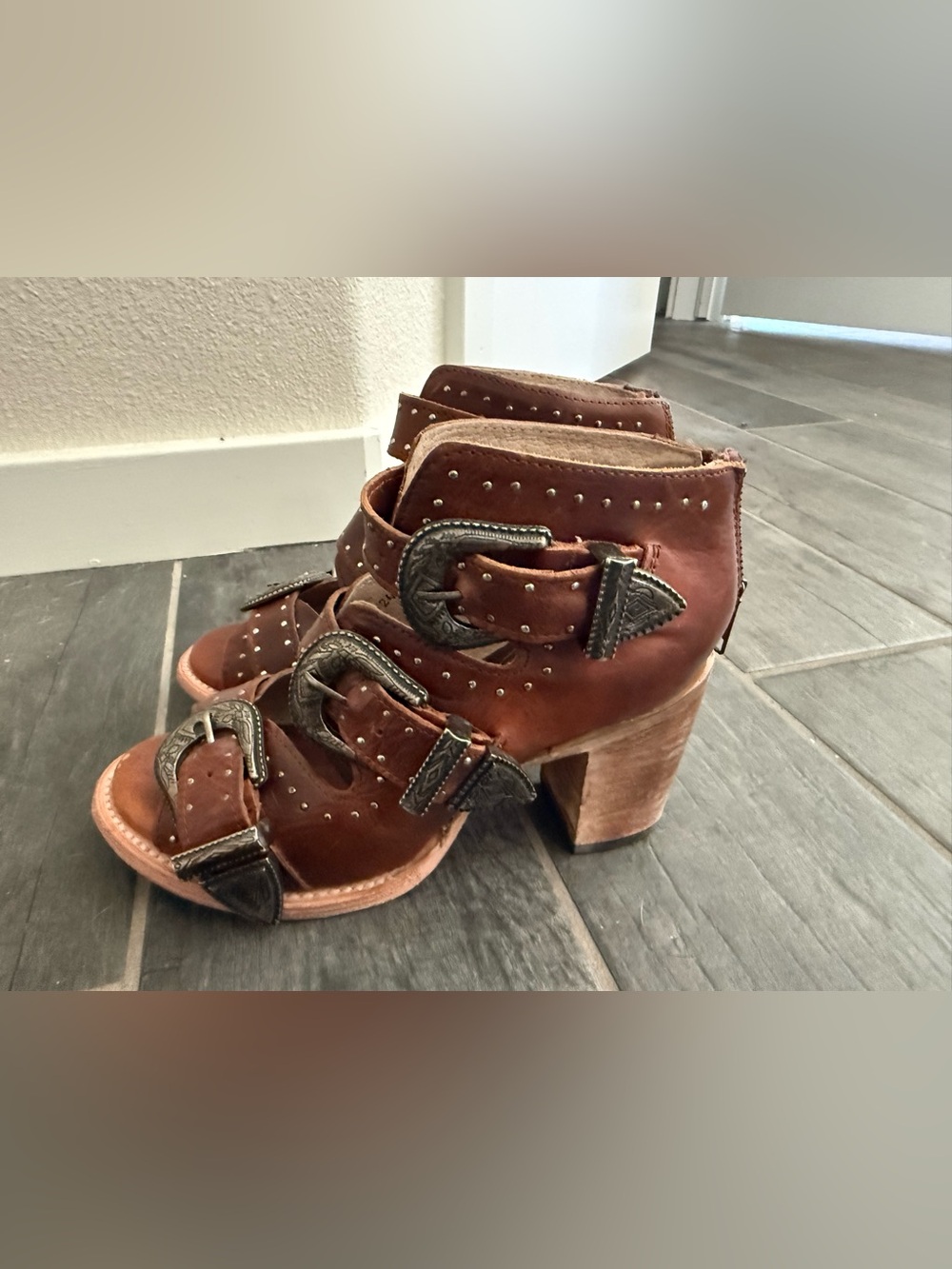 freebird Brown Studded Leather Heeled Buckle Boots - Picture 2 of 3